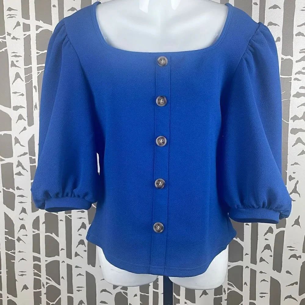 Balloon Sleeve Textured Stretch Knit Top XXL Blue